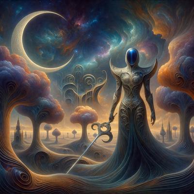 The primary subject of the image is a woman dressed in a long blue gown, holding a sword. She is standing in a surreal landscape, surrounded by trees and otherworldly elements. The setting appears to be a combination of a forest and a night sky, with a moon visible in the background. The visual style of the image is a digital art or illustration, creating a surreal and dreamlike atmosphere. The colors in the image are predominantly blue and purple, giving the scene a serene and mystical mood